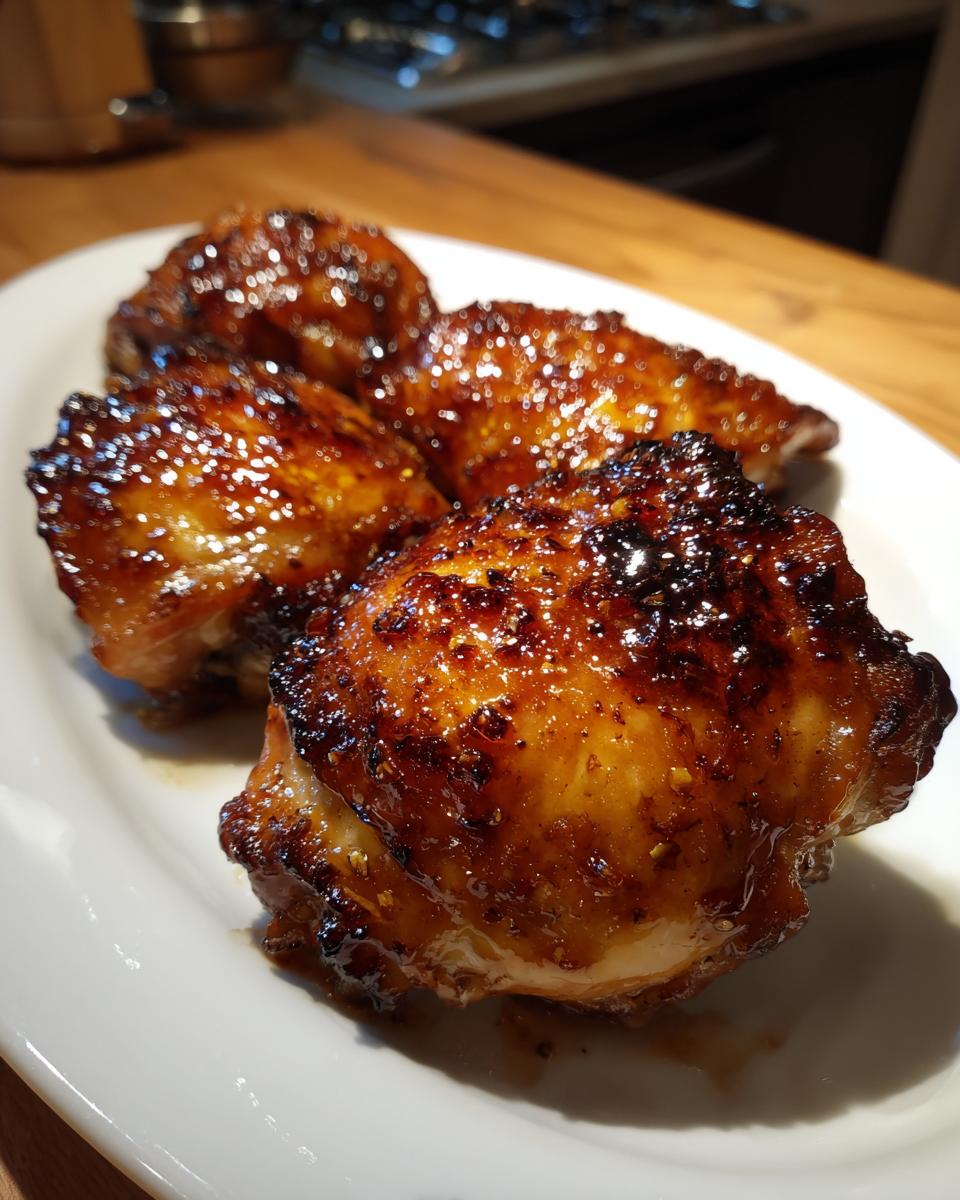 Close-up of four perfectly baked chicken thighs with a dark, glossy glaze served on a white plate.