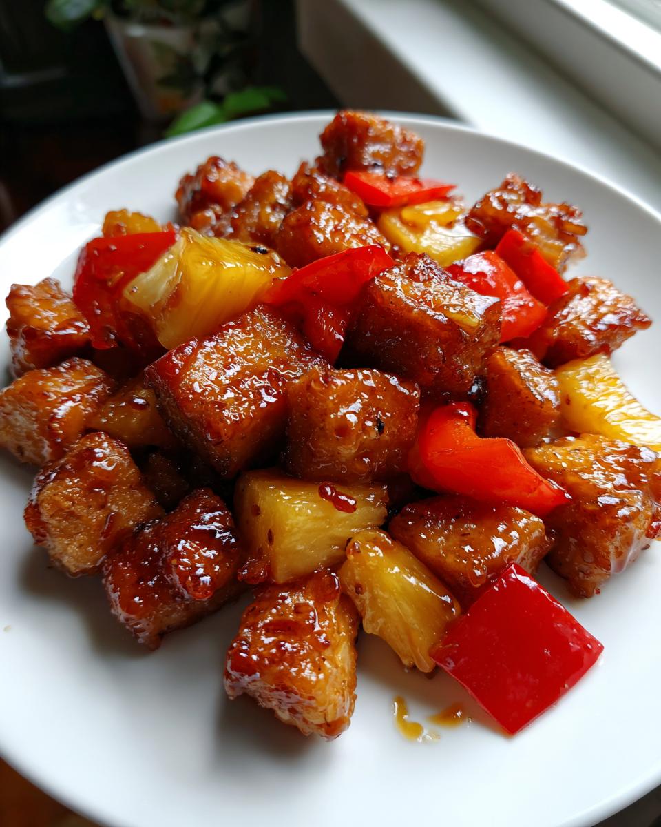 Close-up of glazed chicken pieces mixed with pineapple and red bell peppers, part of a hawaiian chicken sheet pan recipe.