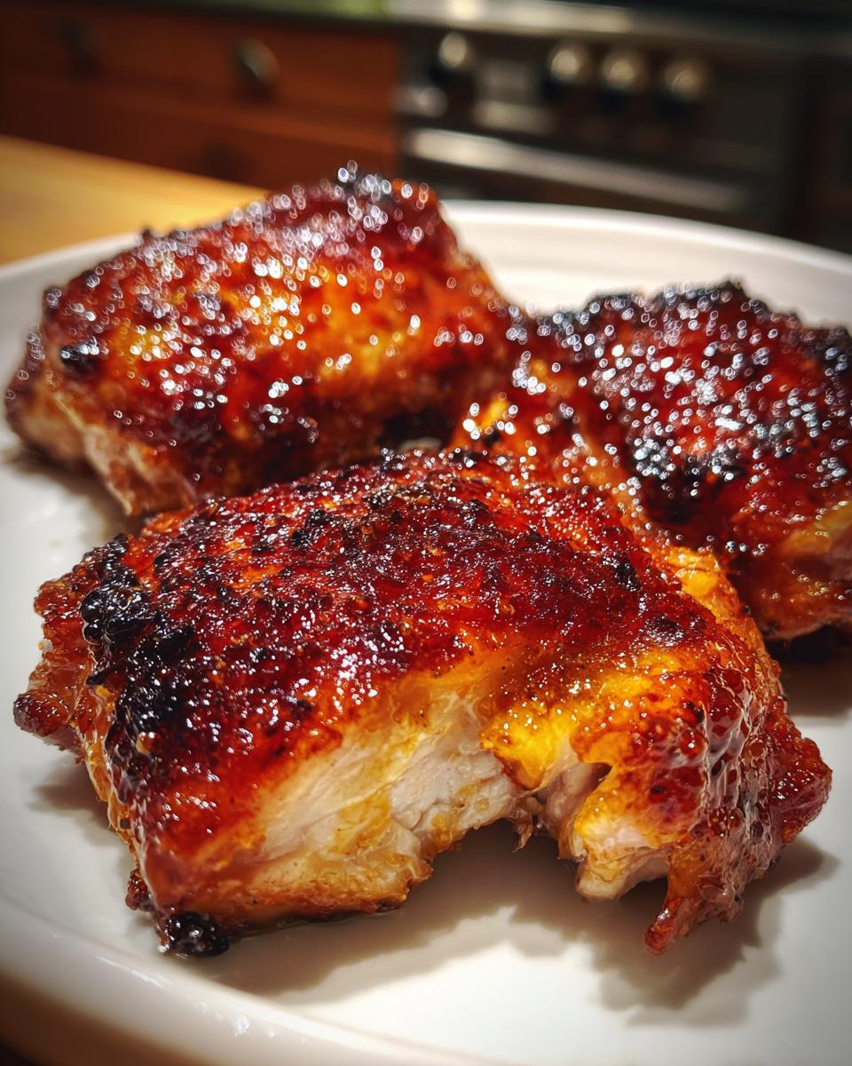 Close-up of three perfectly cooked, glazed chicken thighs showing a caramelized, shiny crust and juicy interior.