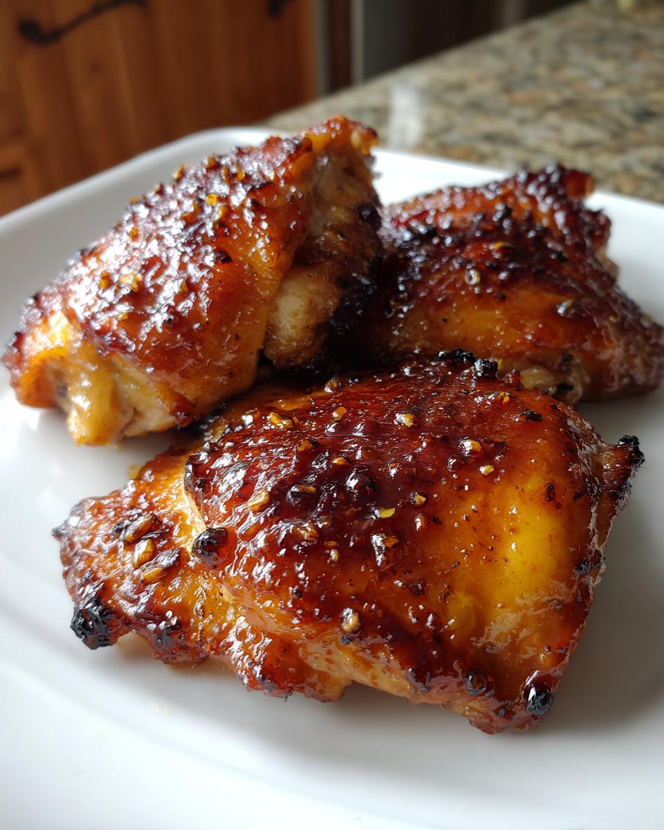 Three pieces of perfectly baked and glazed chicken thighs with a sticky, caramelized coating.