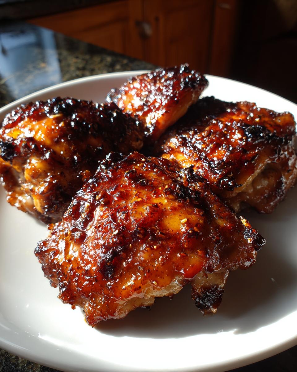 Four pieces of perfectly cooked, glazed chicken thighs resting on a white plate.