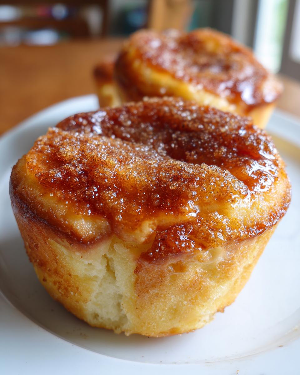 A close-up of a freshly baked french toast muffin topped with a sticky, cinnamon-sugar glaze.