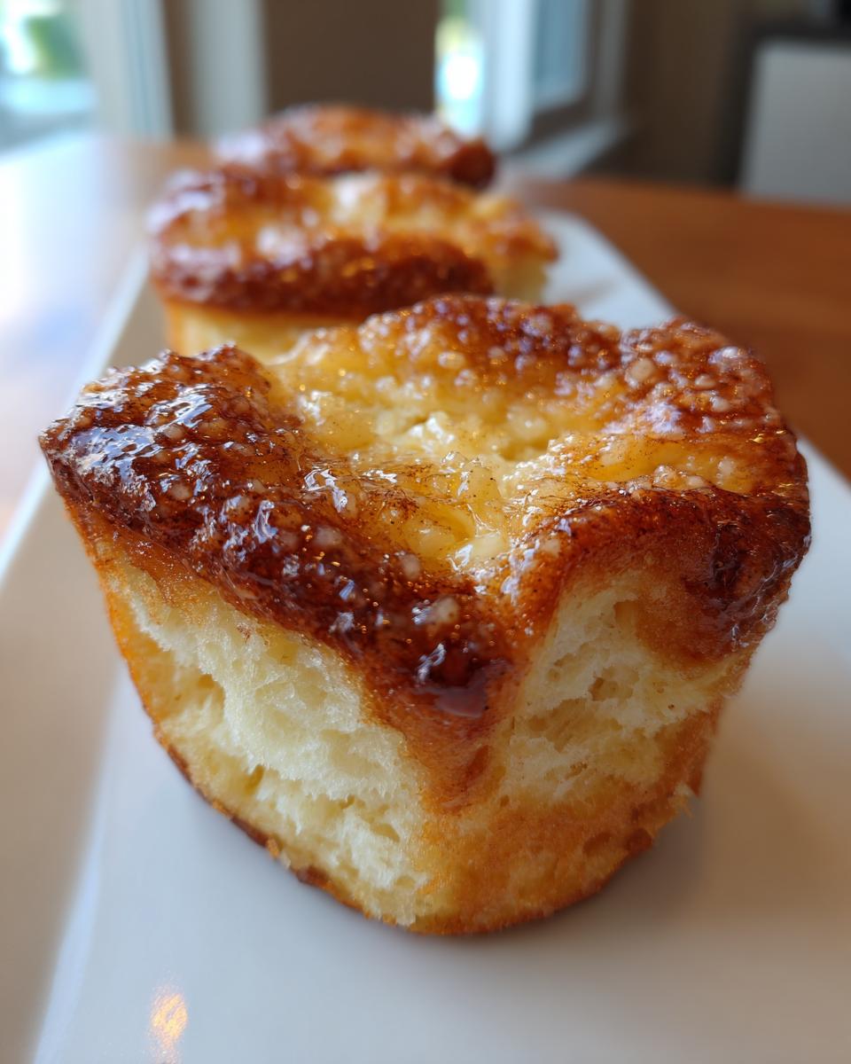 A close-up of a freshly baked french toast muffin with a shiny, caramelized, sugary top.