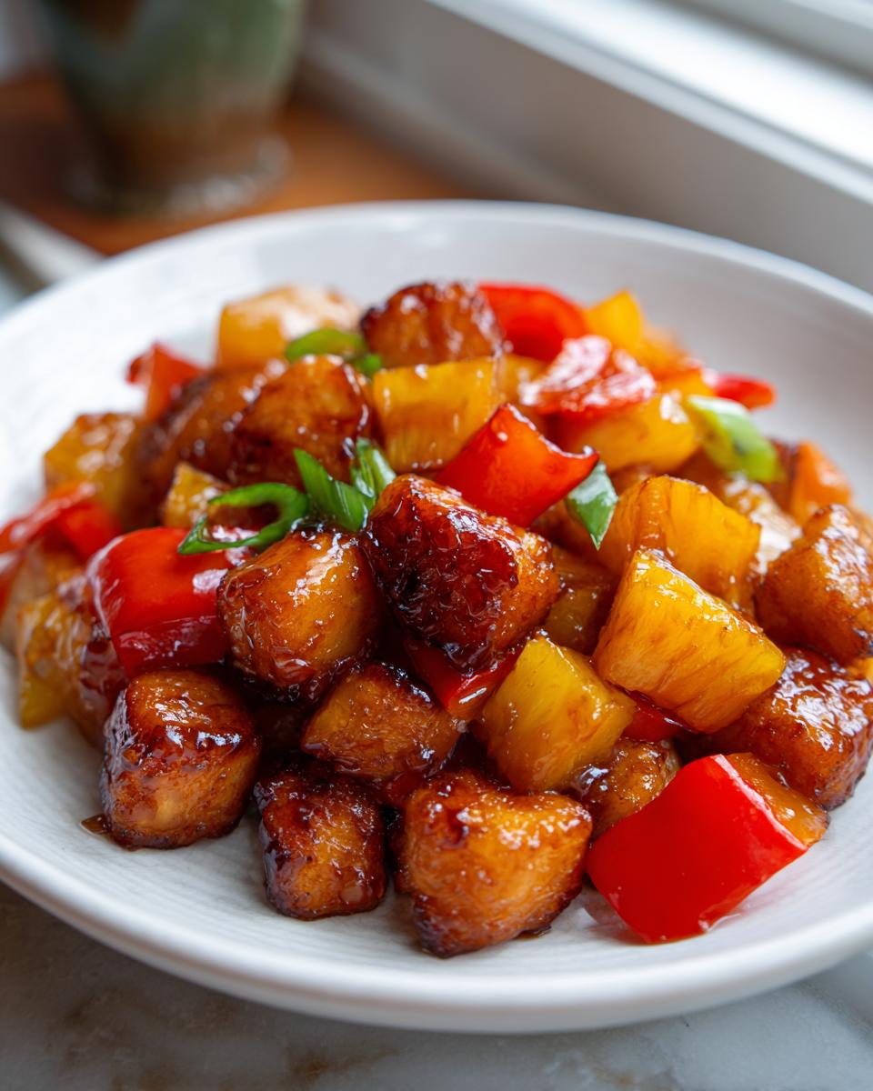 Close-up of glazed chicken pieces mixed with pineapple chunks and red bell peppers, part of a hawaiian chicken sheet pan dish.