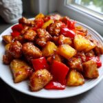 Close-up of glazed, bite-sized hawaiian chicken sheet pan pieces mixed with chunks of pineapple and red bell peppers on a white plate.