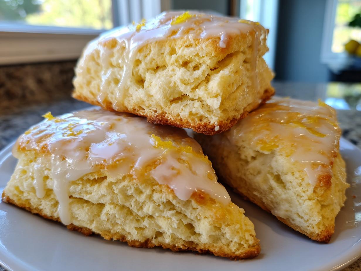 Three fluffy, triangular lemon scones topped with a thick white glaze and lemon zest.