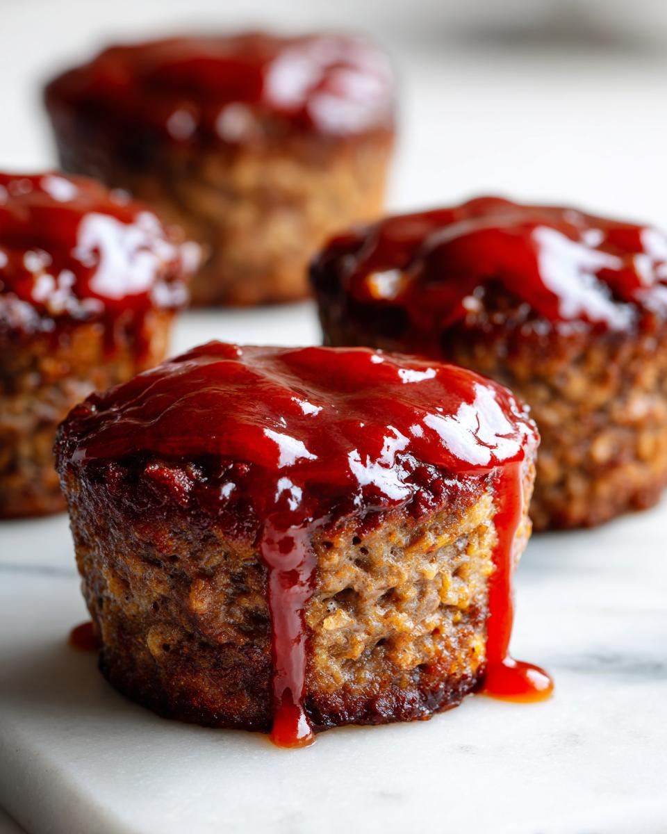 A close-up of a perfectly baked mini meatloaf topped with thick, glossy ketchup glaze dripping down the side.