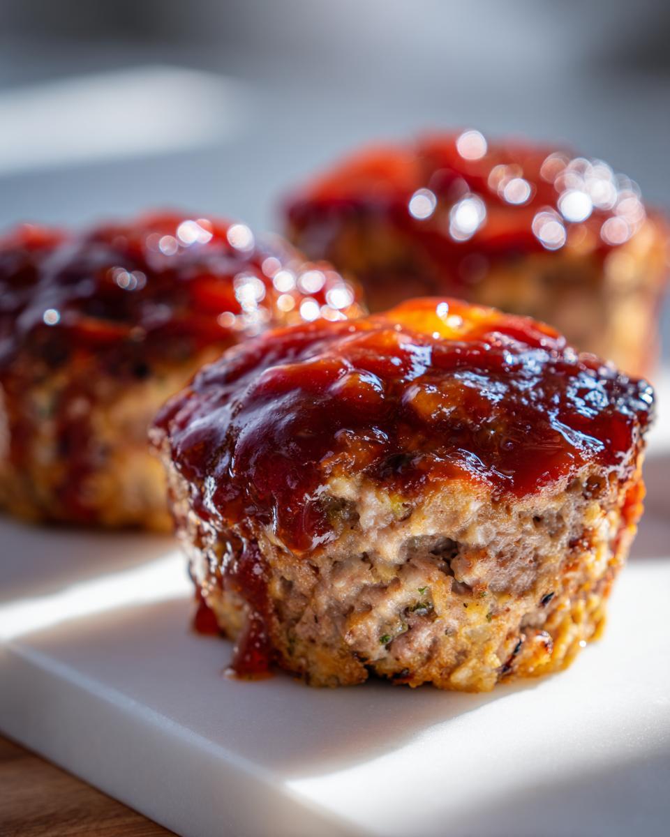 Close-up of a moist mini meatloaf topped with a thick, shiny red glaze, sitting on a white surface.