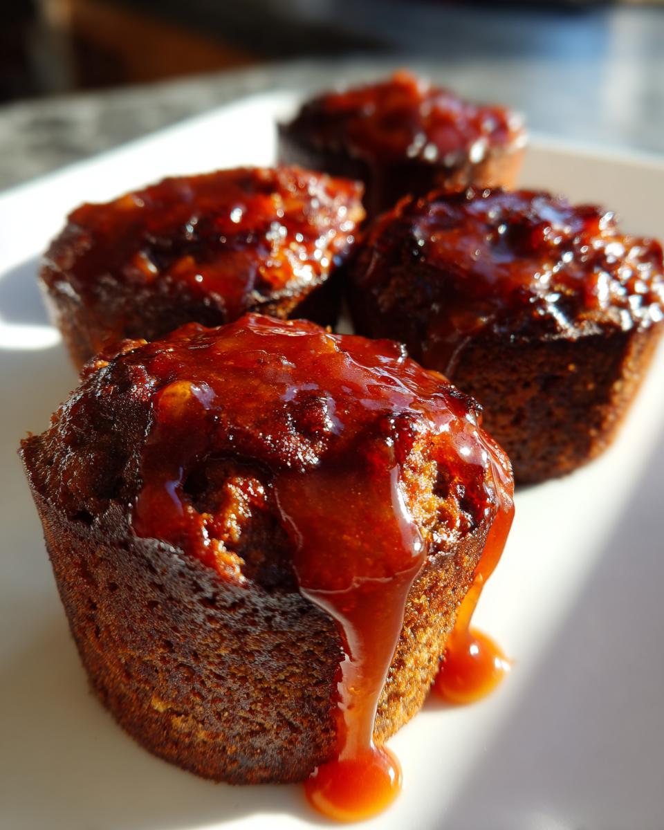 Close-up of four mini meatloaf portions topped with a thick, glossy, reddish-brown glaze dripping down the side.