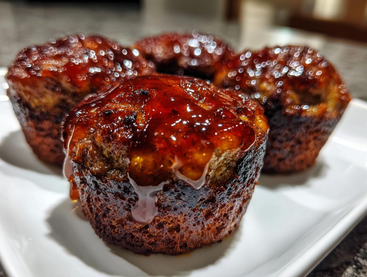 Close-up of four perfectly glazed mini meatloaf portions baked in a muffin tin, glistening with sauce.