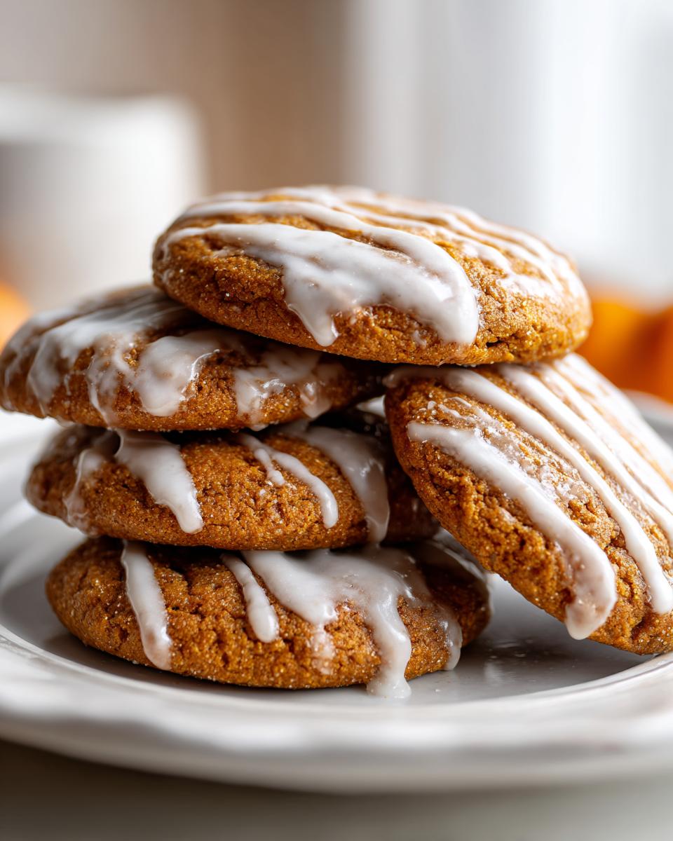 A close-up stack of soft, spiced persimmon cookies drizzled with white vanilla glaze.