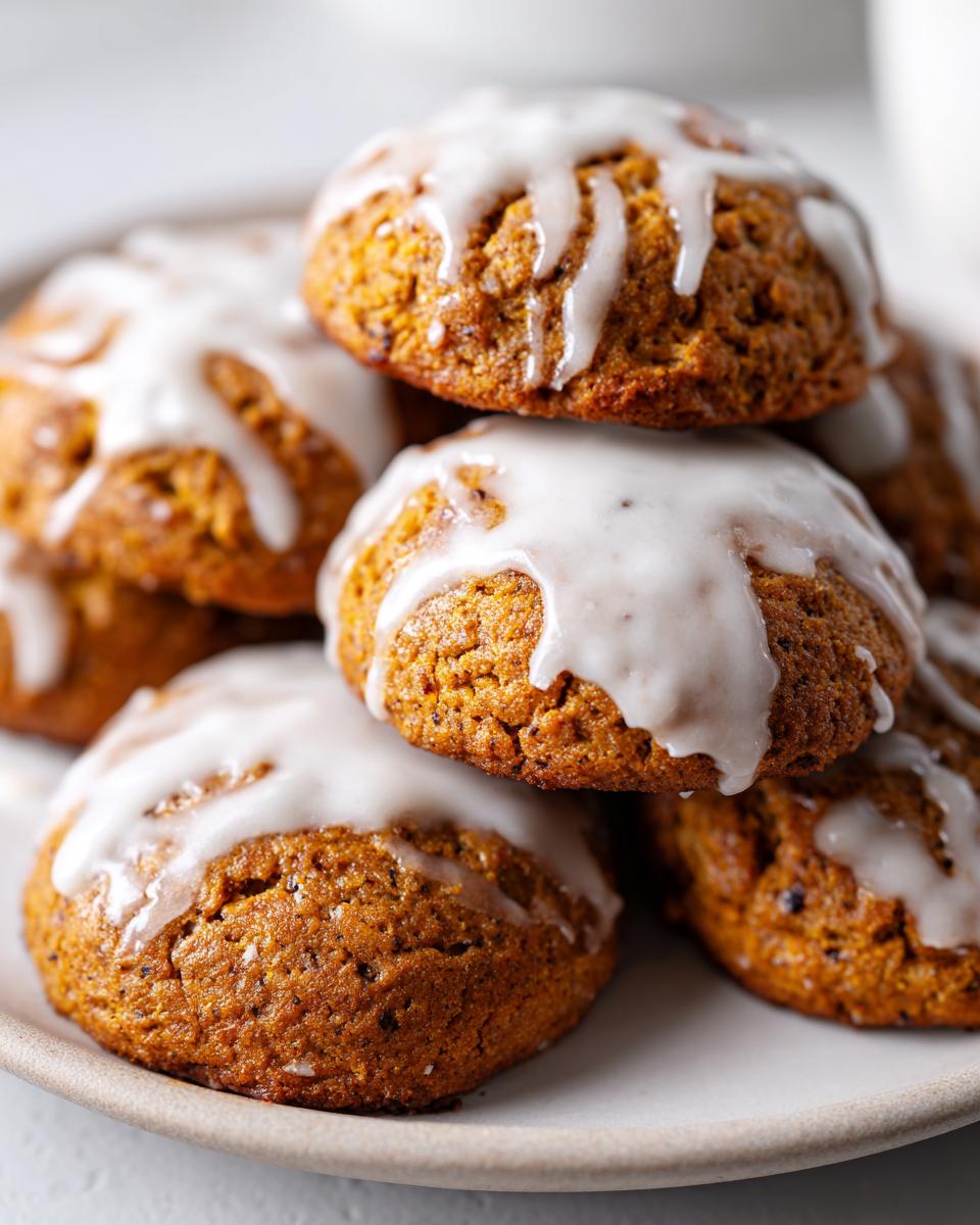 Close-up of several soft, orange persimmon cookies stacked, drizzled generously with white vanilla glaze.