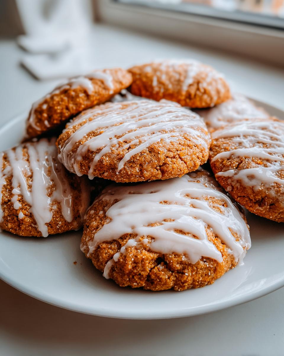 A stack of freshly baked persimmon cookies drizzled with white icing, resting on a white plate.