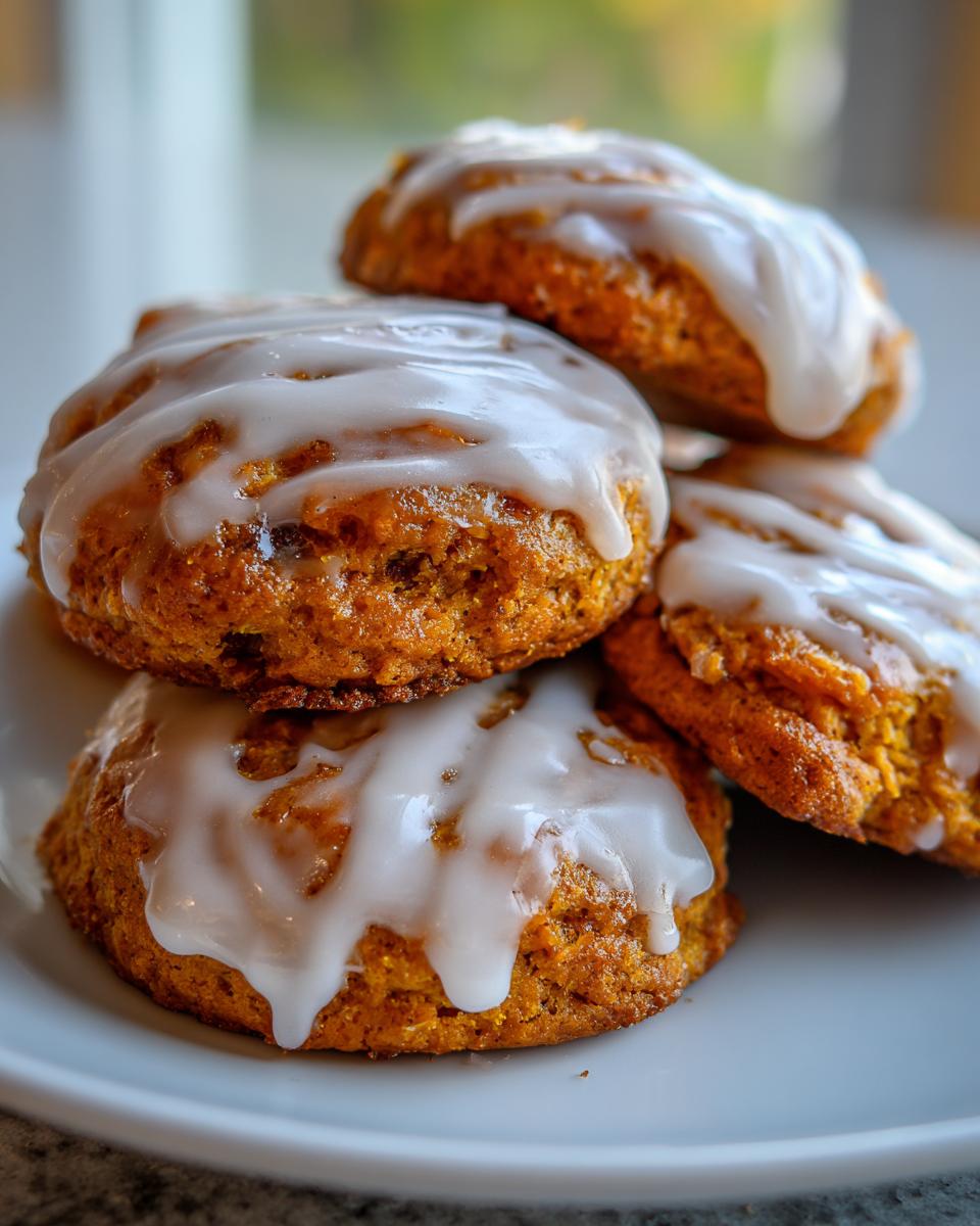 A stack of four moist persimmon cookies topped with thick white vanilla glaze.