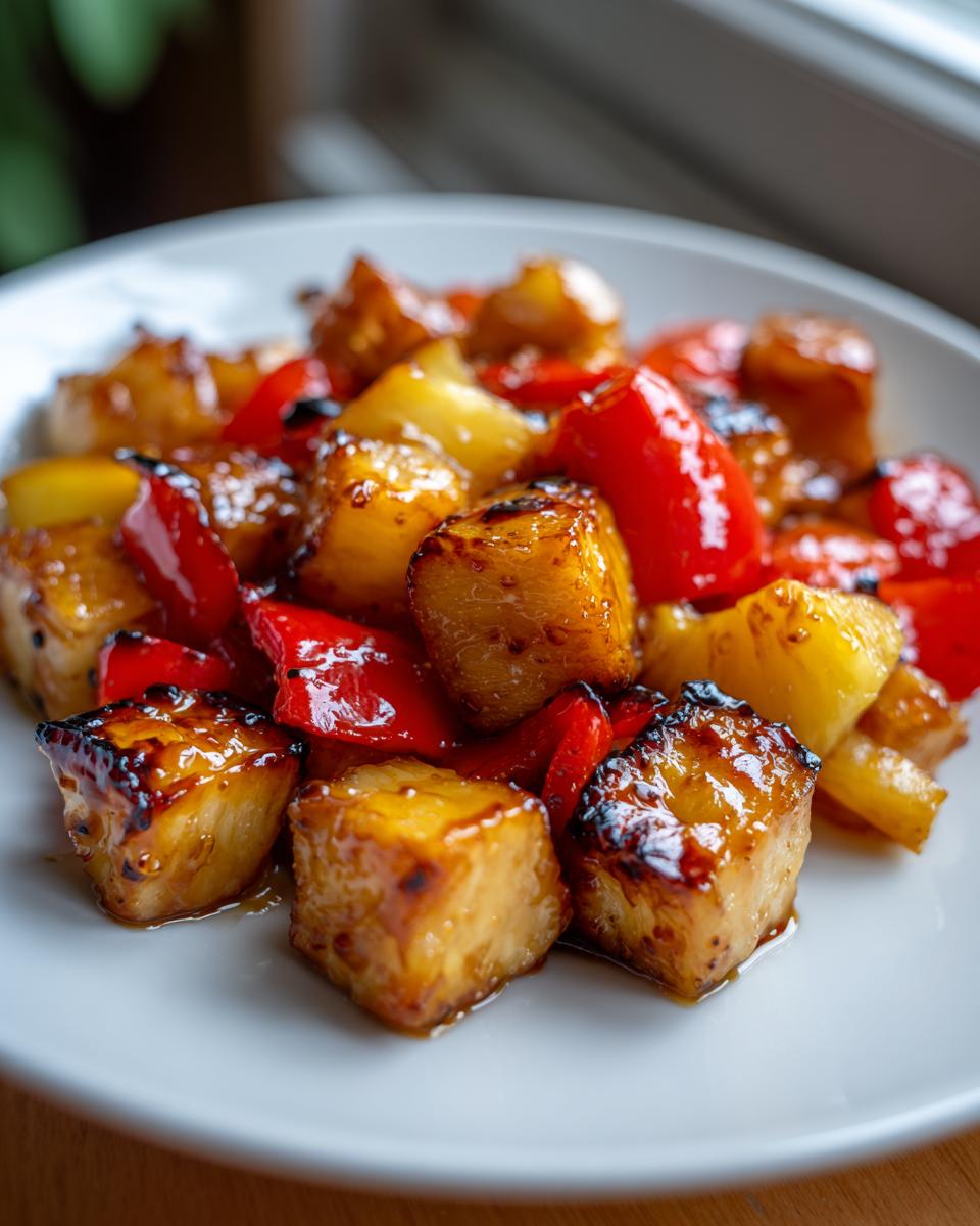 Close-up of caramelized pineapple chunks and red bell peppers from the hawaiian chicken sheet pan recipe.