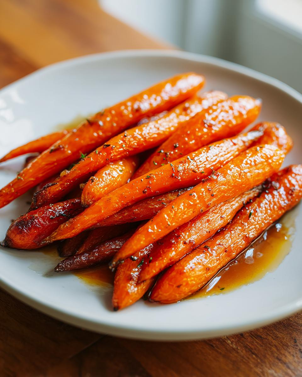 Close-up of glossy, glazed roasted carrots seasoned with herbs, resting in a light sauce on a white plate.