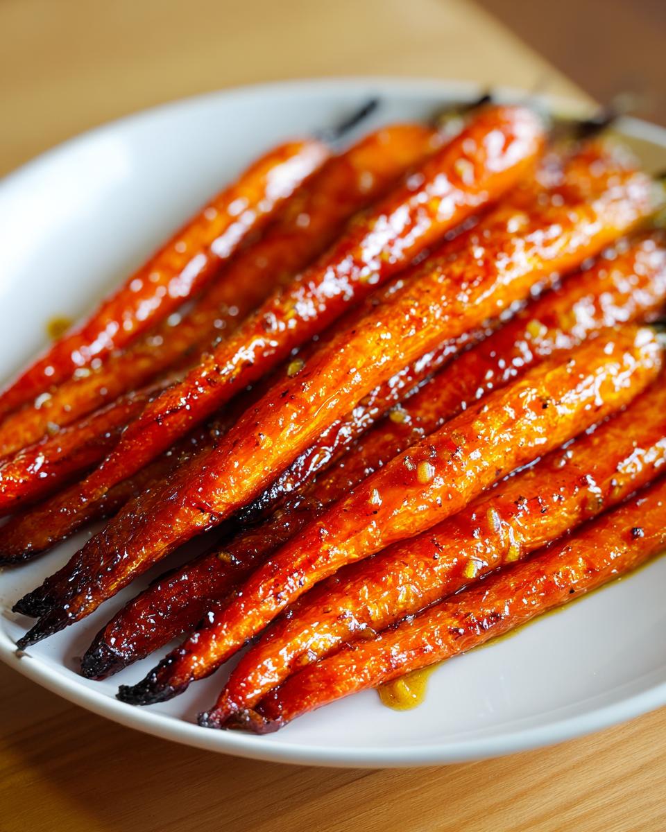 Close-up of glossy, caramelized roasted carrots piled on a white plate, showing a sweet glaze.