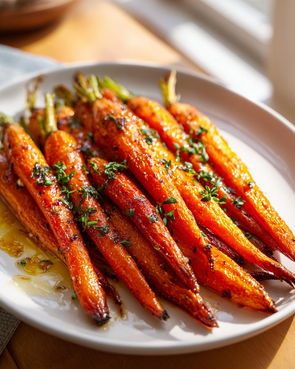 A close-up of glossy, caramelized roasted carrots garnished with fresh thyme on a white plate.