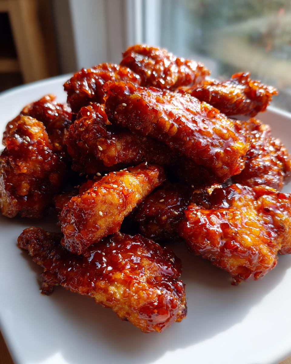 A pile of crispy korean fried chicken wings coated in a thick, glossy, reddish-brown sweet and spicy sauce, sprinkled with sesame seeds.