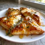 Four golden brown, flaky pastry triangles filled with goat cheese and drizzled with honey, served as goat cheese and honey bites.
