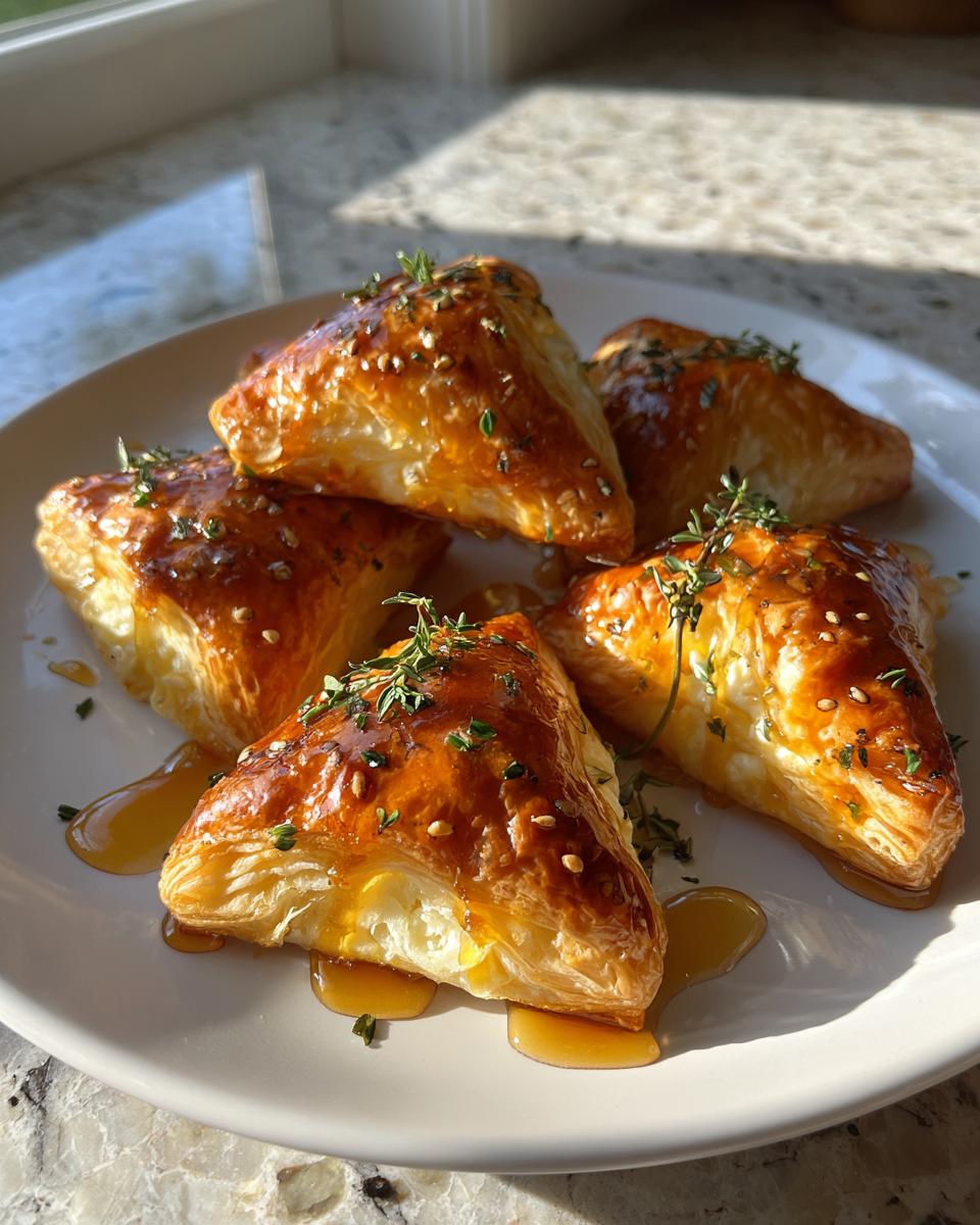 Five golden brown, flaky pastry triangles filled with goat cheese and drizzled with honey, served as goat cheese and honey bites.