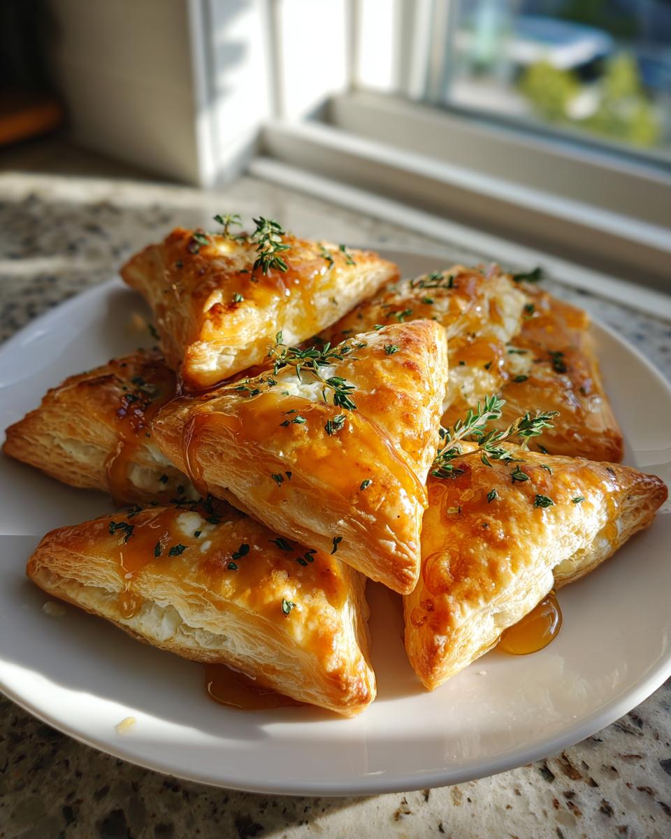 A stack of golden brown, flaky pastry triangles filled with goat cheese and drizzled with honey, served as goat cheese and honey bites.