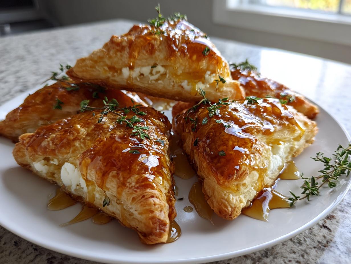 A stack of flaky pastry triangles filled with goat cheese and drizzled generously with honey, served as goat cheese and honey bites.