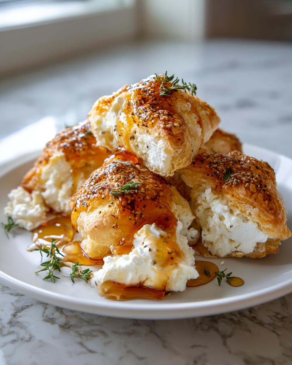 A stack of flaky pastry filled with creamy cheese, drizzled with honey and seeds, representing goat cheese and honey bites.