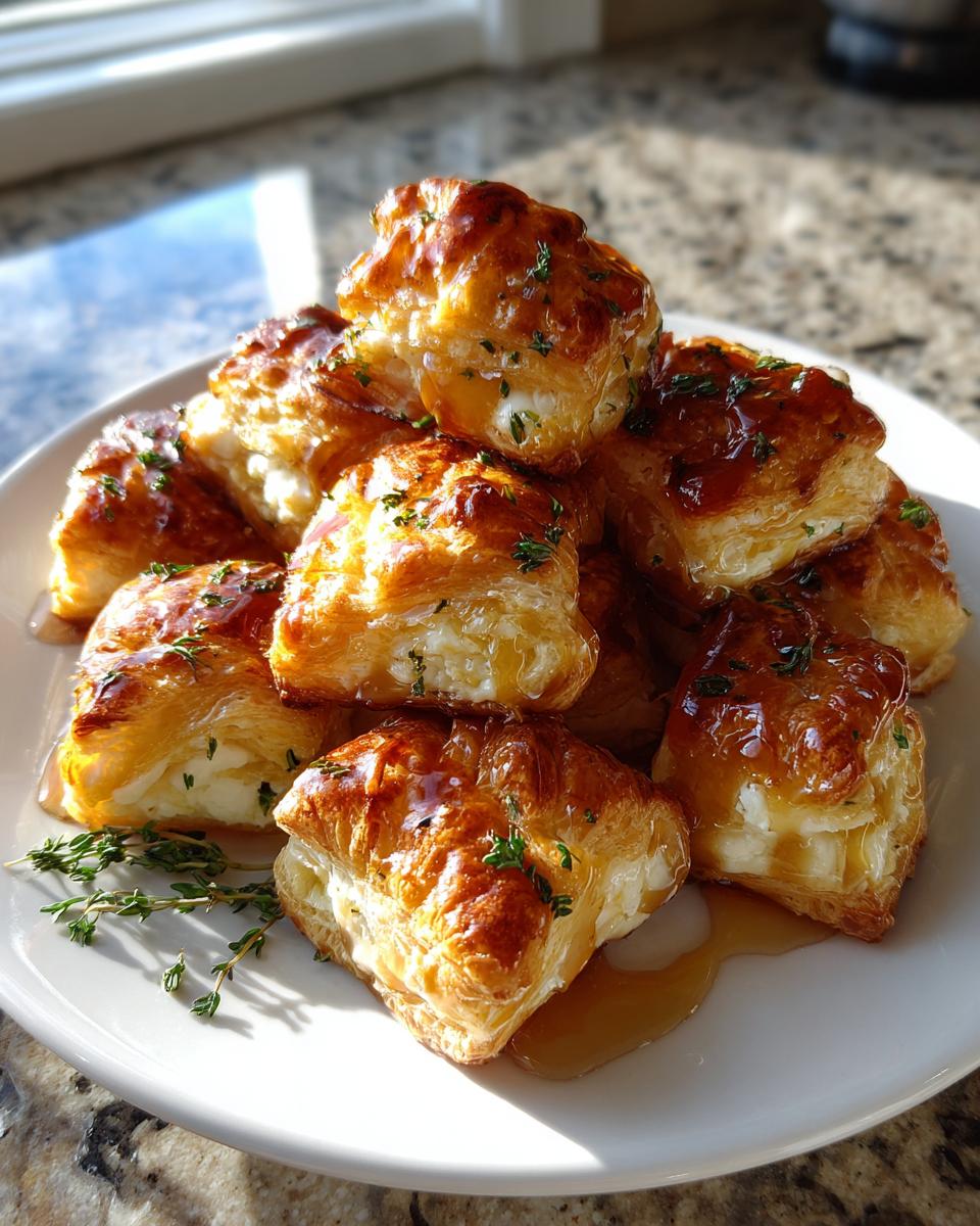 A stack of golden, flaky puff pastry goat cheese and honey bites drizzled with honey and sprinkled with herbs.