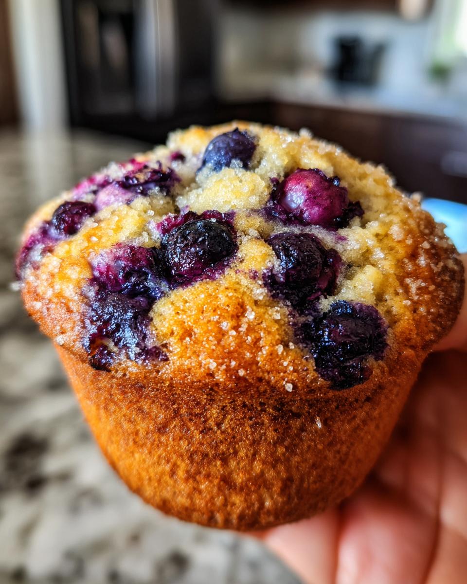 Close-up of a golden brown blueberry muffin topped with fresh blueberries and coarse sugar crystals.