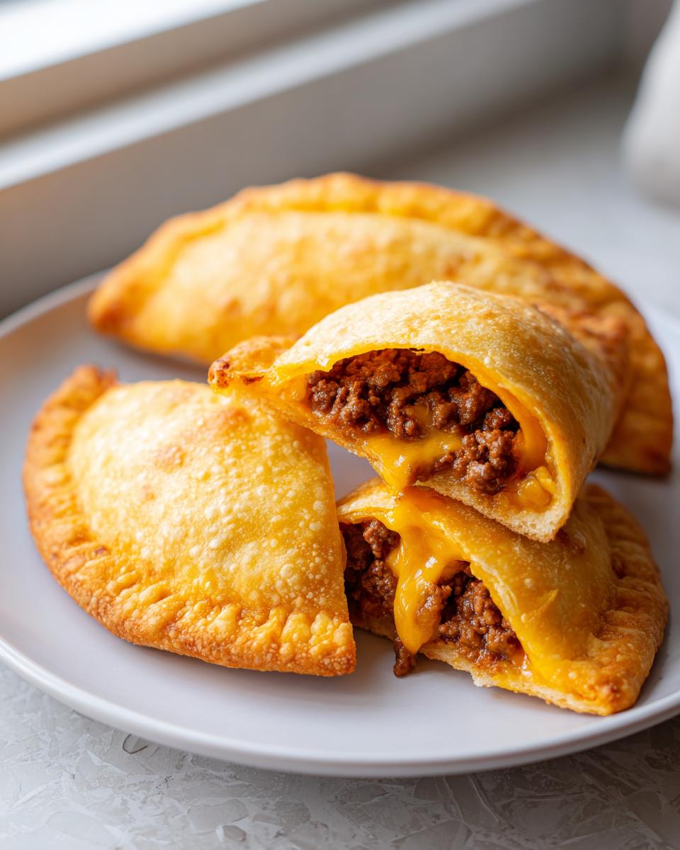 Close-up of golden, fried cheesy pocket tacos, one cut open showing melted cheese and seasoned ground beef.