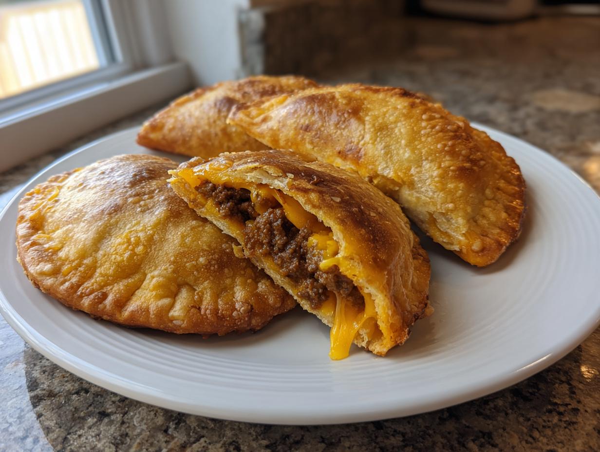 Close-up of golden, fried cheesy pocket tacos, one cut open showing ground beef and melted cheese.