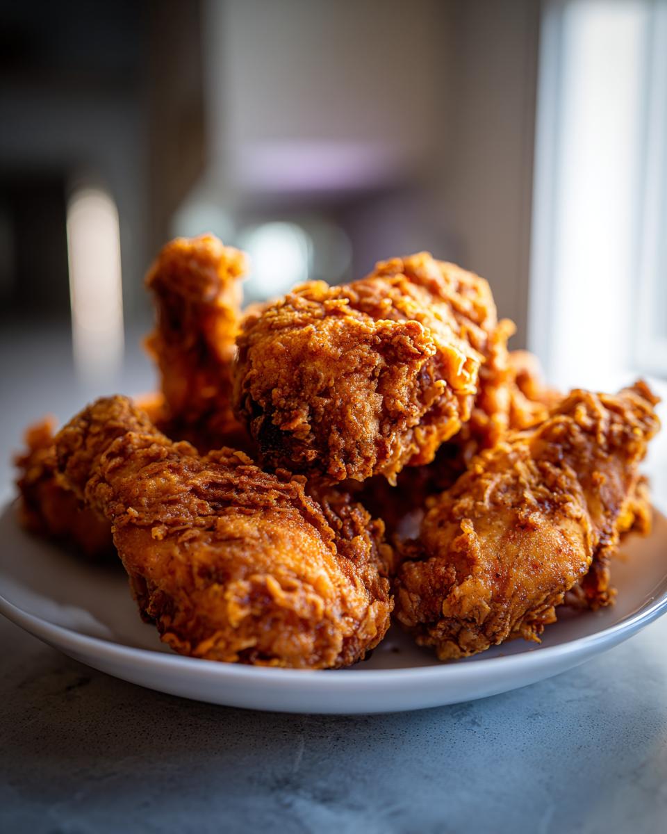 A close-up of several pieces of golden brown, crispy fried chicken piled on a white plate.