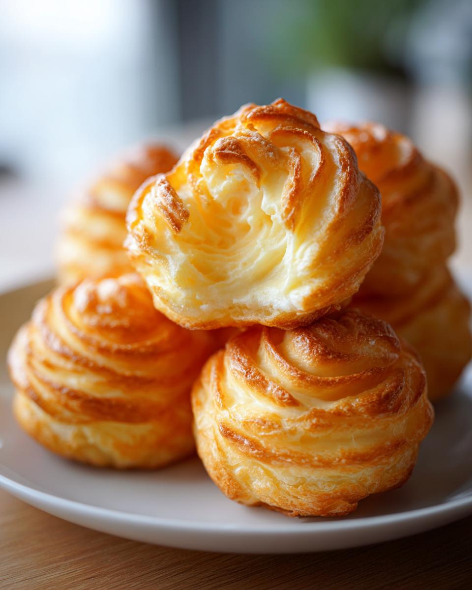 Close-up of perfectly piped, golden brown duchess potatoes stacked on a white plate.