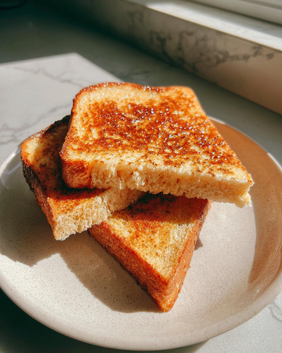 Three slices of golden brown, perfectly cooked easy french toast stacked on a speckled plate.