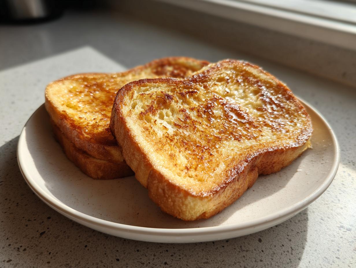 Two golden brown slices of easy french toast served on a light plate, glistening in natural sunlight.