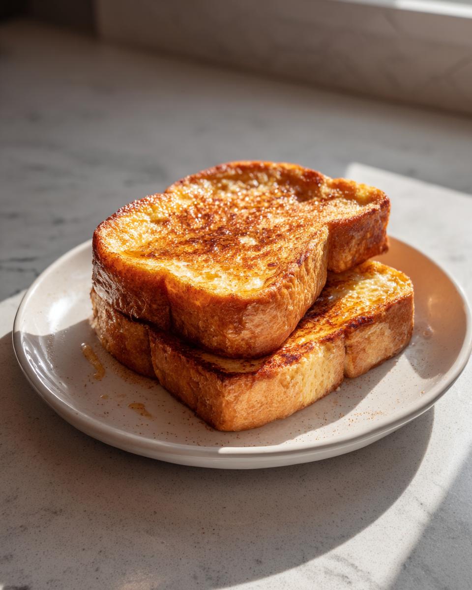 Two thick slices of golden brown easy french toast stacked on a white plate, drizzled with syrup.