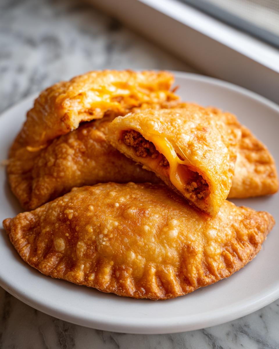 Close-up of golden fried cheesy pocket tacos, one split open showing ground meat and melted cheese filling.