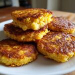 A stack of golden brown, perfectly pan-fried cornbread patties piled on a white plate.