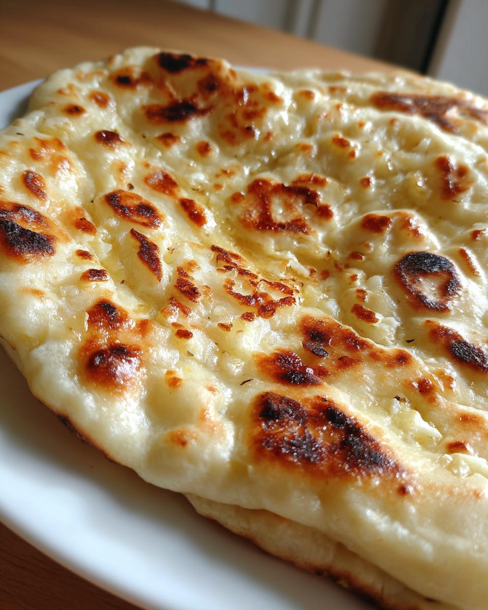 A close-up view of freshly cooked, soft naan bread with browned, buttery spots, likely garlic naan bread.