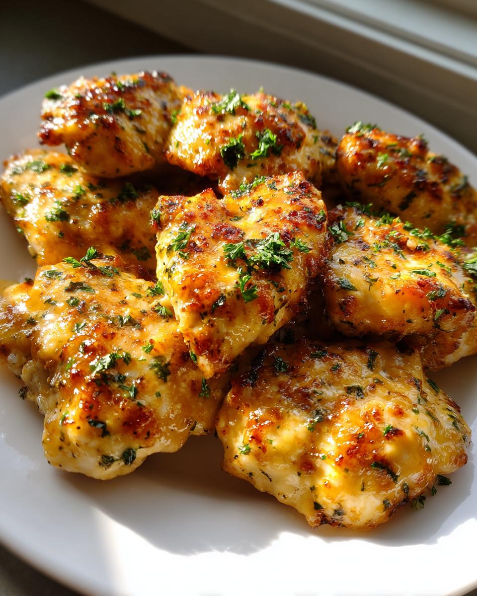 Close-up of golden, juicy garlic parmesan chicken pieces garnished with fresh parsley on a white plate.