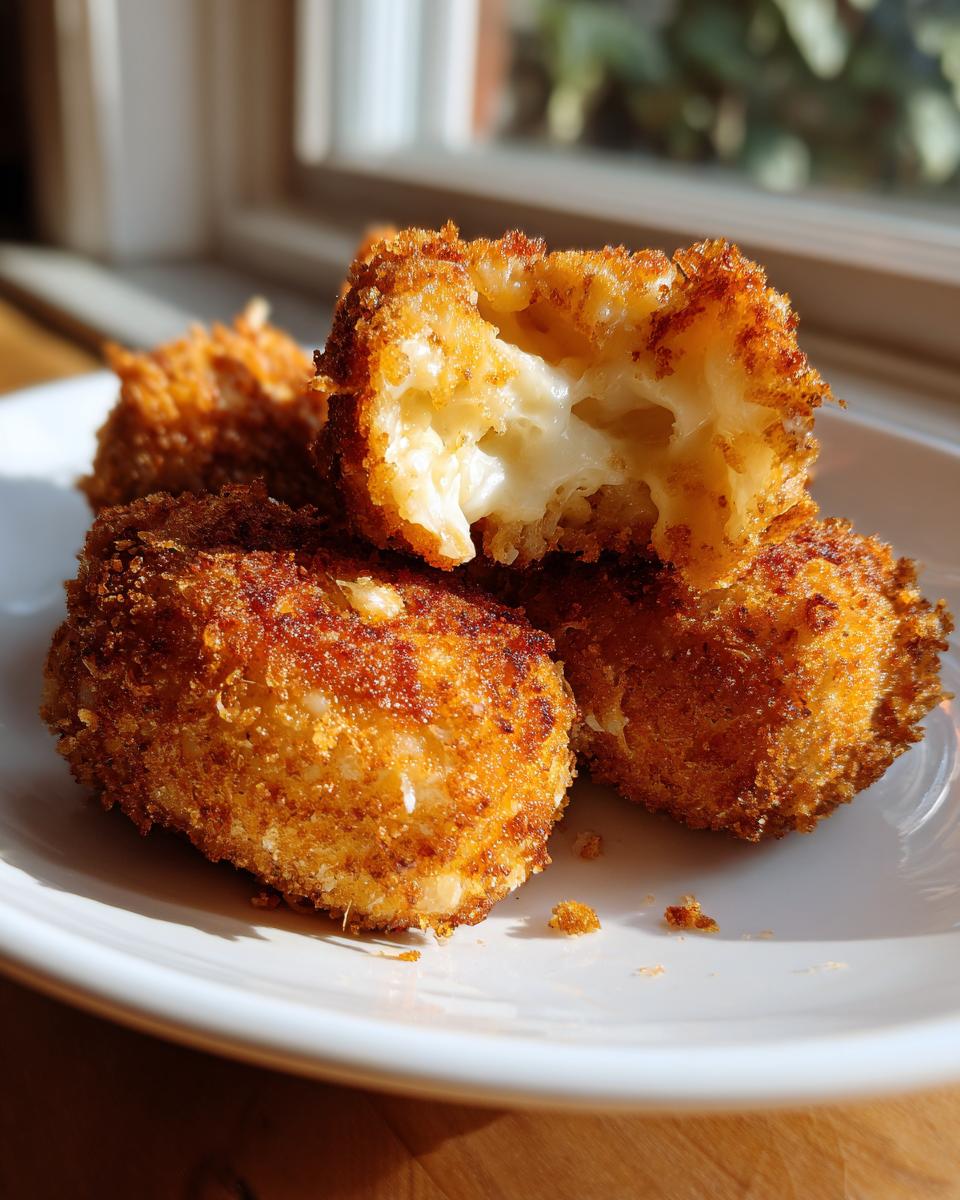 Close-up of golden brown, crispy potato croquettes, one broken open revealing a melted, cheesy interior.