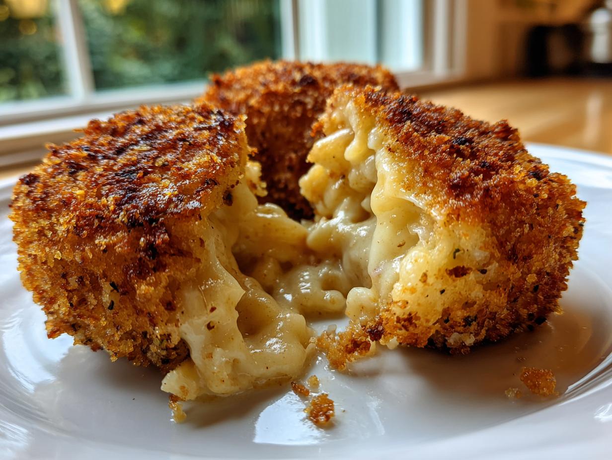 Close-up of a crispy, golden brown potato croquettes broken open, revealing a creamy, cheesy interior.