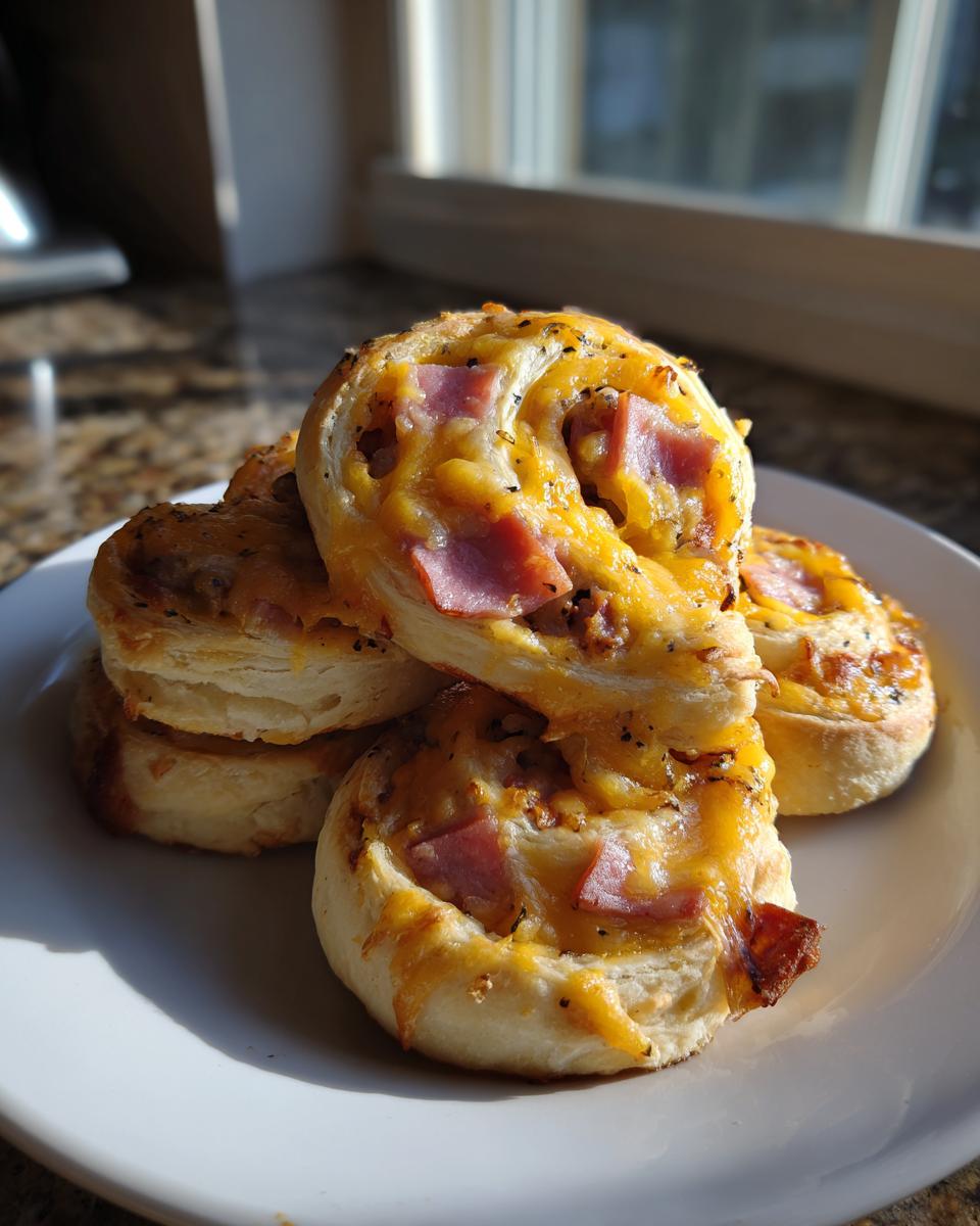 A stack of golden baked sausage pinwheels topped with melted cheddar cheese and ham pieces, sitting on a white plate.