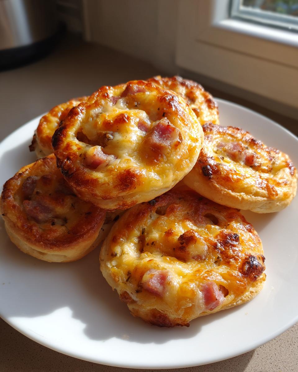 A close-up of five golden-brown, cheesy sausage pinwheels stacked on a white plate.