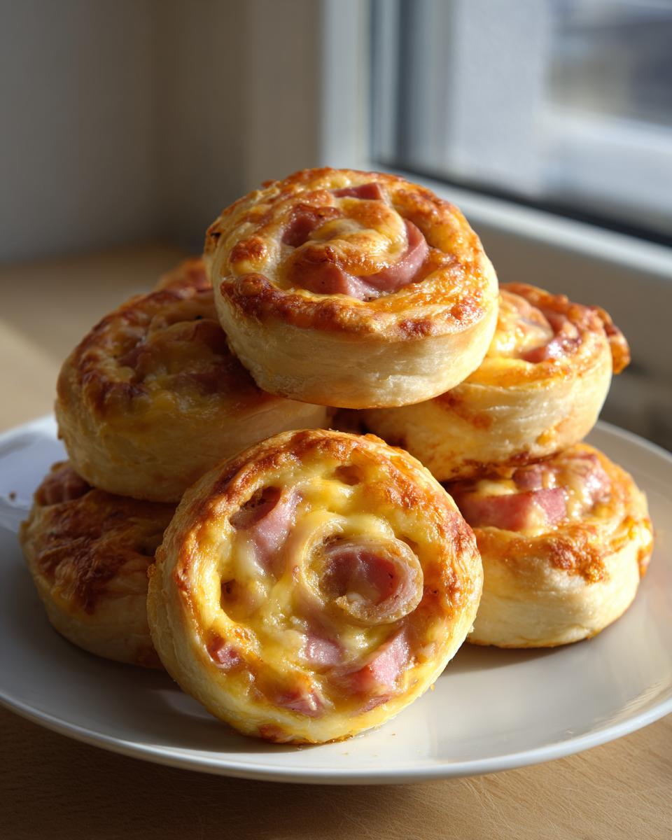 A stack of freshly baked, golden brown sausage pinwheels topped with melted cheese, ready to eat.