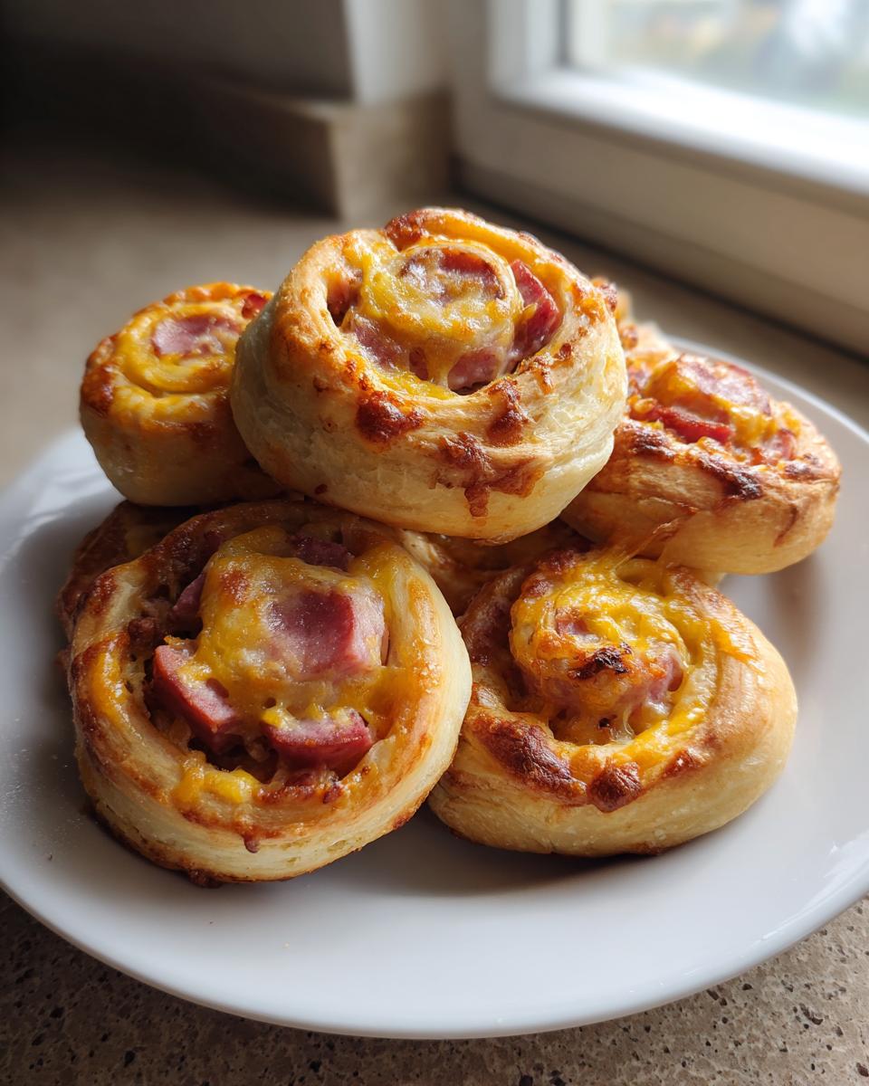 A stack of freshly baked, golden brown sausage pinwheels topped with melted cheese.