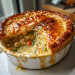 Close-up of a bubbling turkey pot pie with a golden, flaky crust broken open to show the creamy filling.