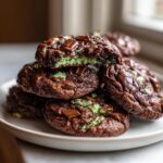 A stack of rich, fudgy andes mint cookies with melted chocolate and bright green mint centers.