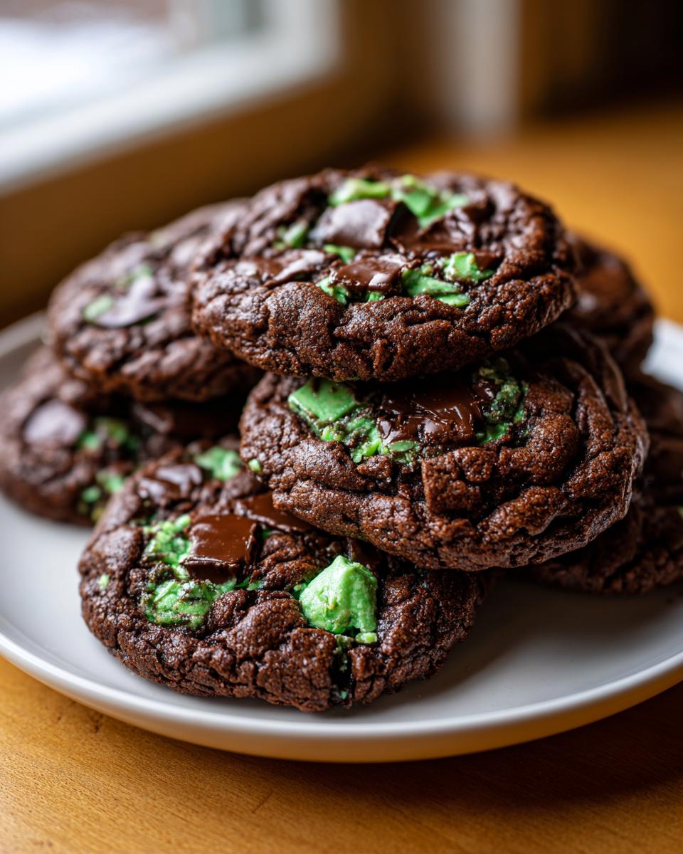 A stack of rich, dark chocolate andes mint cookies featuring bright green mint pieces and melted chocolate chunks.